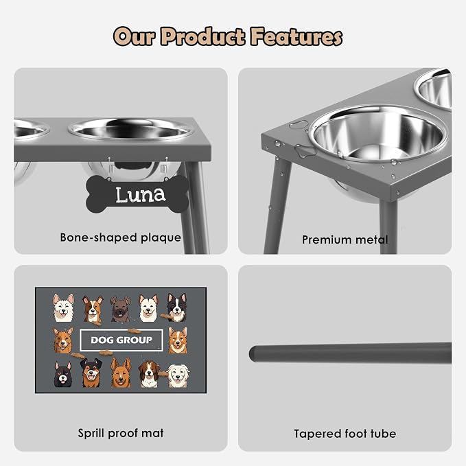 ADENGL Raised Dog Bowl Stand for Large Dogs, 10” Tall Elevated Feeder with Spill-Proof Mat, Stainless Steel 58OZ Bowls for Food & Water, Gray Color (Mat Size: 16x24”)
