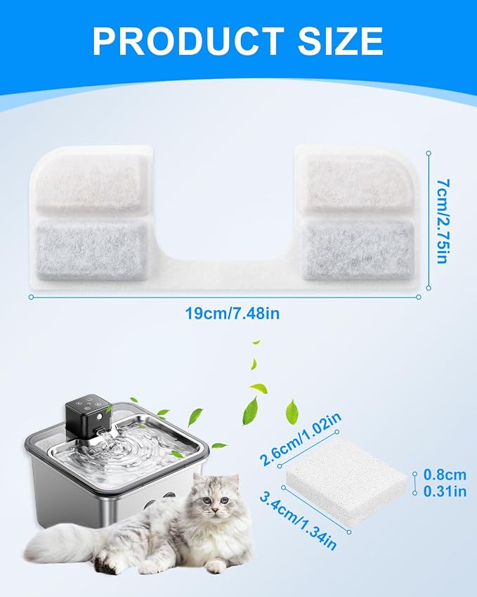 8 + 8 Pack Cat Water Fountain Filter Replacement Compatible with FEELNEEDY Cat Water Fountain FN-W17 3.2L/ 108oz, Cat Fountain Filter, Pet Water Fountain Filters, Filters and Sponges