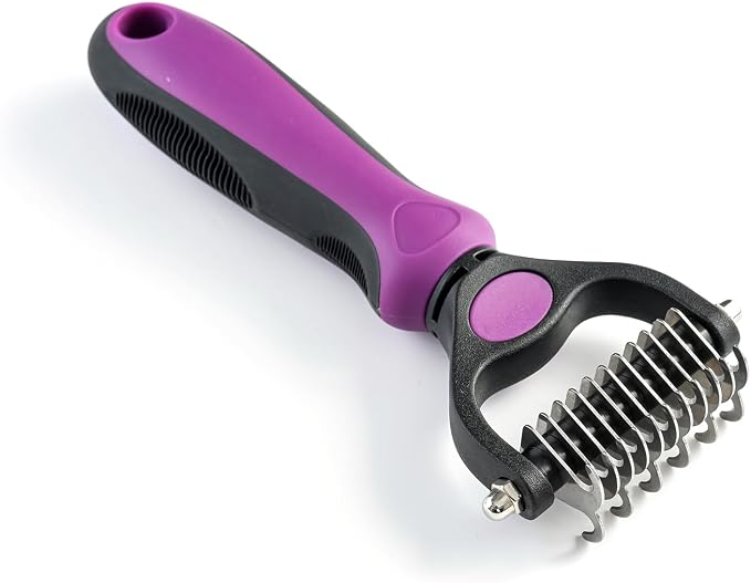 Grooming Rake for Dogs & Cats, Double-Sided Deshedding Brush, Extra-Wide Dematting Tool, Slicker Comb for Undercoat & Loose Hair Removal, Reduces Shedding by 95%, Purple, Small