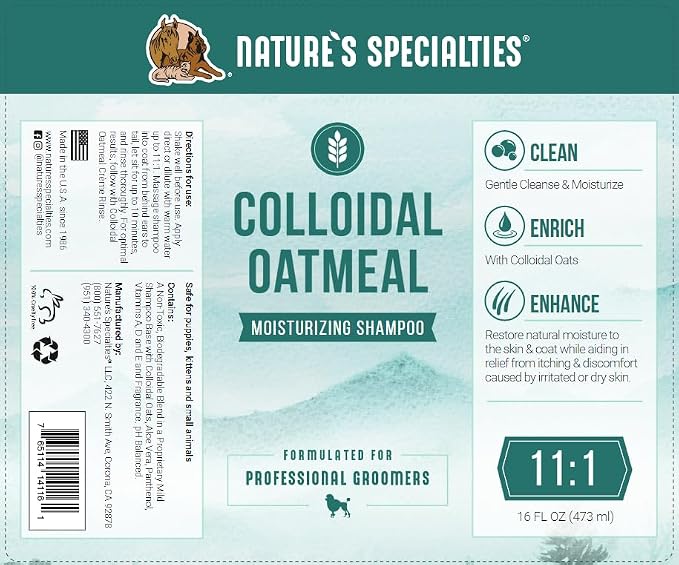 Nature's Specialties Colloidal Oatmeal Ultra Concentrated Dog Shampoo Concentrate for Pets, Makes up to 1.5 Gallons, Natural Choice for Professional Groomers, Relieves Itching, Made in USA, 16 oz