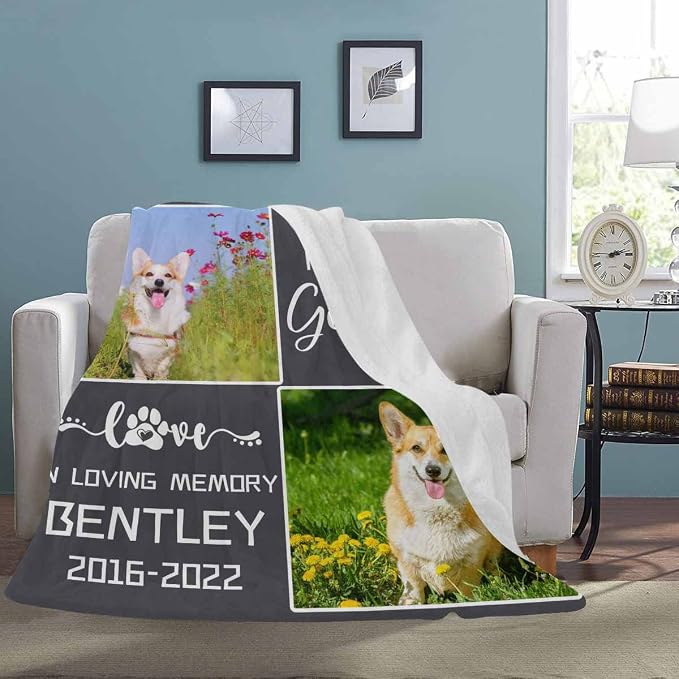 Artsadd Pet Dog Memorial Gifts Personalized Blanket with Photos and Name-in Loving Memory Gifts for Loved Ones Lost-Custom Remembrance Gifts Blankets for Pets Lover-Three Photos