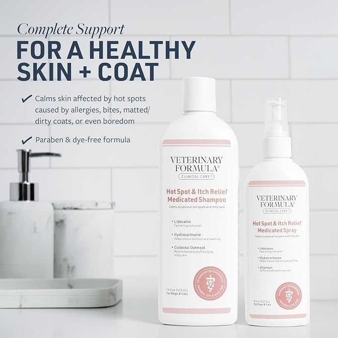 Veterinary Formula Clinical Care Hot Spot & Itch Shampoo + Spray Bundle | Complete Hot Spot care for sensitive skin, scratching and licking of coat
