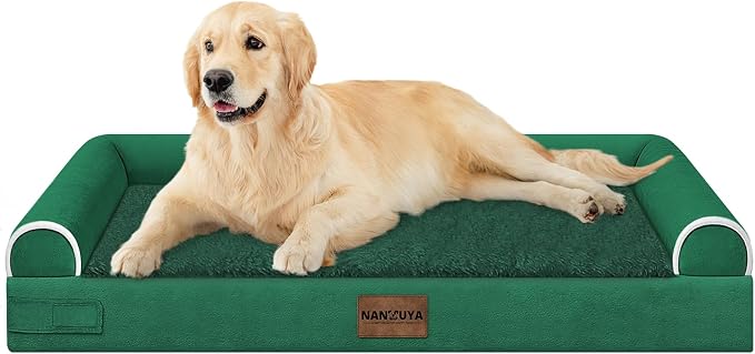 NANUYA Orthopedic Dog Bed for Large Dogs, 36 x 27 Inch, Emerald | Egg crate foam for joint support, 3-sided bolster pet sofa, waterproof lining, washable cover, and non-skid base