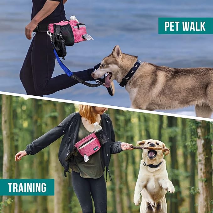 PetAmi Dog Fanny Pack, Treat Pouch for Dog Walking Training, Pink | Built in Poop Bag Dispenser, Water Bottle Holder, Collapsible Bowl, Pet Treat Waist Belt for Hiking Running Kibbles