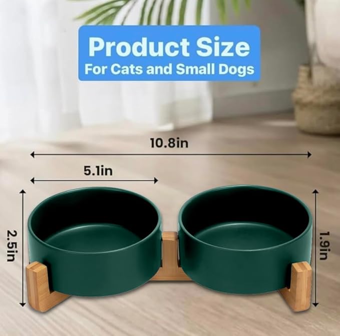 Ceramic Cat and Small Dog Bowl Set – Modern Indoor Small Size Pet Food and Water Bowls with Wood Stand – Non Slip Puppy Sized Feeding Station with Double Dishes (Green)