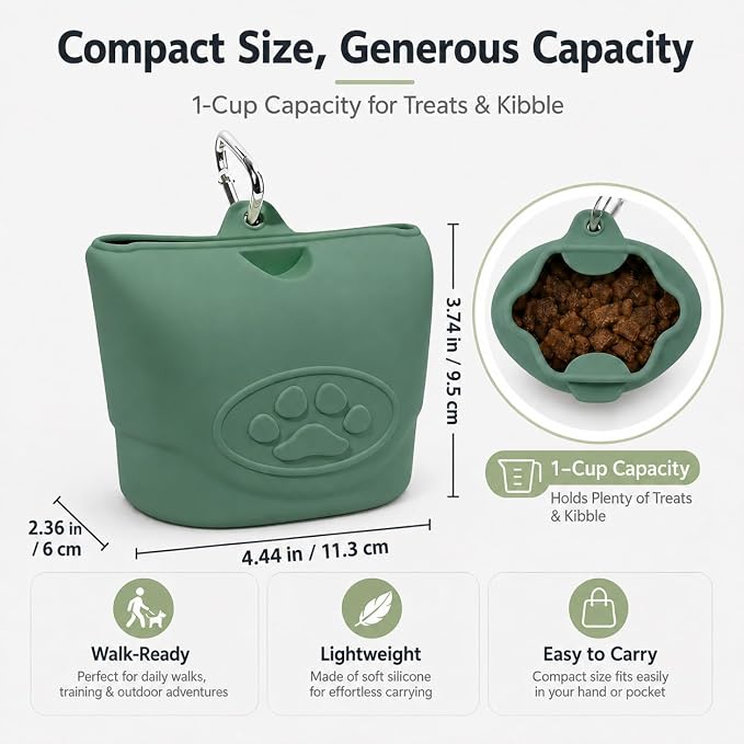 Upgraded Dog Treat Pouch with Strong Magnetic Closure - Small Silicone Training Bag, Waist-Mounted Clip & Leash Carabiner, Airtight Portable Treat Bag (Dark Green)