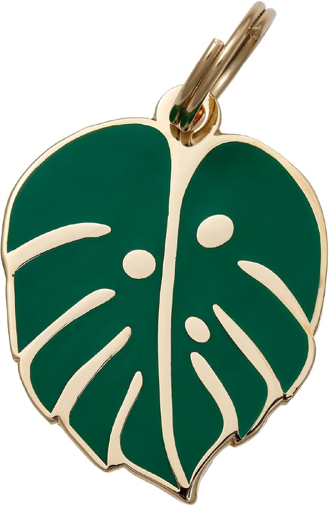 Two Tails Pet Company Personalized 'Monstera Leaf' Pet ID Tag & Collar Charm - Custom Engraved Dog Tags for Pets - Luxury Brass, Gold Plating