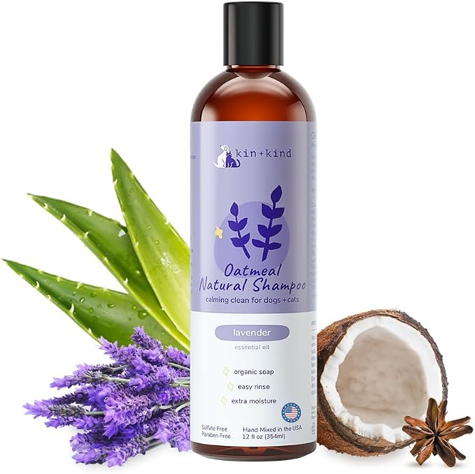 kin+kind Oatmeal Natural Dog and Cat Shampoo - Gentle Oatmeal Clean for Sensitive Skin - Lavender Fragrance - 12 fl oz