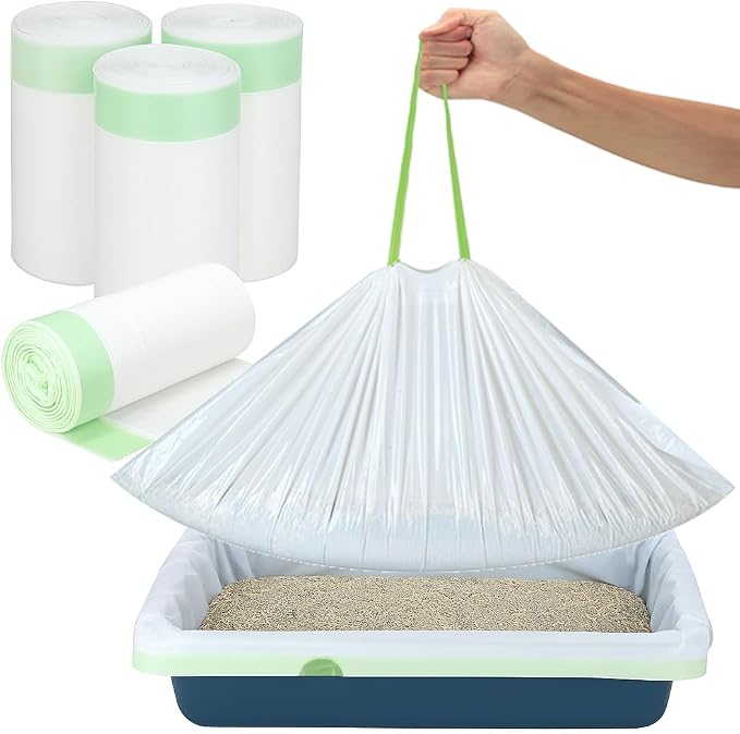 Thickened Extra Large Cat Litter Box Liners 37" x 17", 40 Count Kitty Waste Bags with Drawstring – Heavy Duty Tear-Resistant Waterproof Pre-Separated Cat Litter Pan Liners for Easy Cleanup