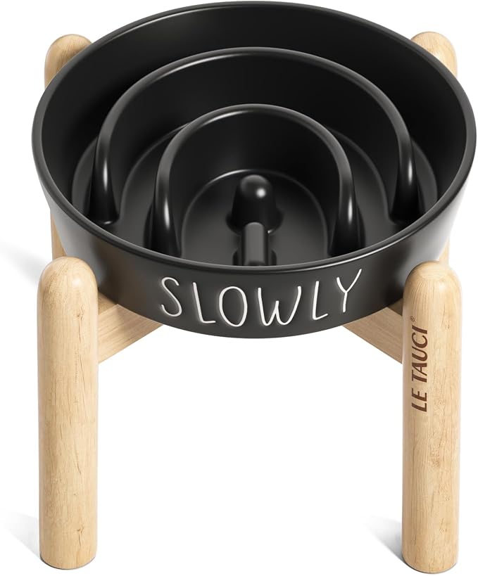 LE TAUCI PET Ceramic Slow Feeder Bowl Elevated - 1.5 Cup with Wood Stand for Small & Medium Breed, Anti-Gulping, Black