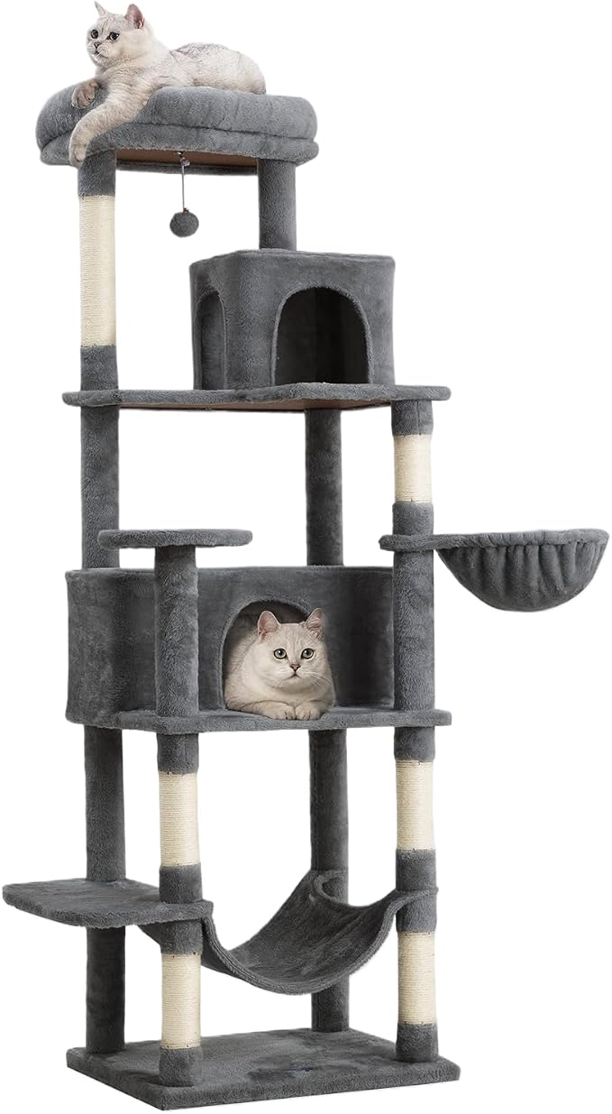 Multi-Level Cat Tree,69 Inches Tall Cat Tower with 2 Plush Condos,Hammock and Plush Perch, Scratching Posts and Pompoms,Gray Cat House for Indoor Cats