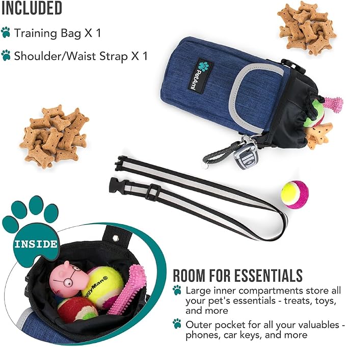 PetAmi Dog Treat Pouch, Large Hands-Free Training Bag, Navy Blue | Built-In Poop Bag Dispenser, Holds 3 Cups Of Treats, 4 Ways to Wear, D-Ring, Reflective Strap, Dog Treat Bag for Walking