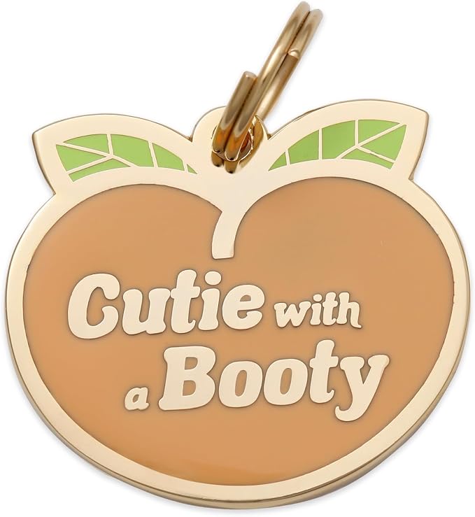 Two Tails Pet Company Personalized 'Cutie with a Booty' Pet ID Tag - Custom Engraved Dog Tags for Pets - Fun Brass, Gold Plating