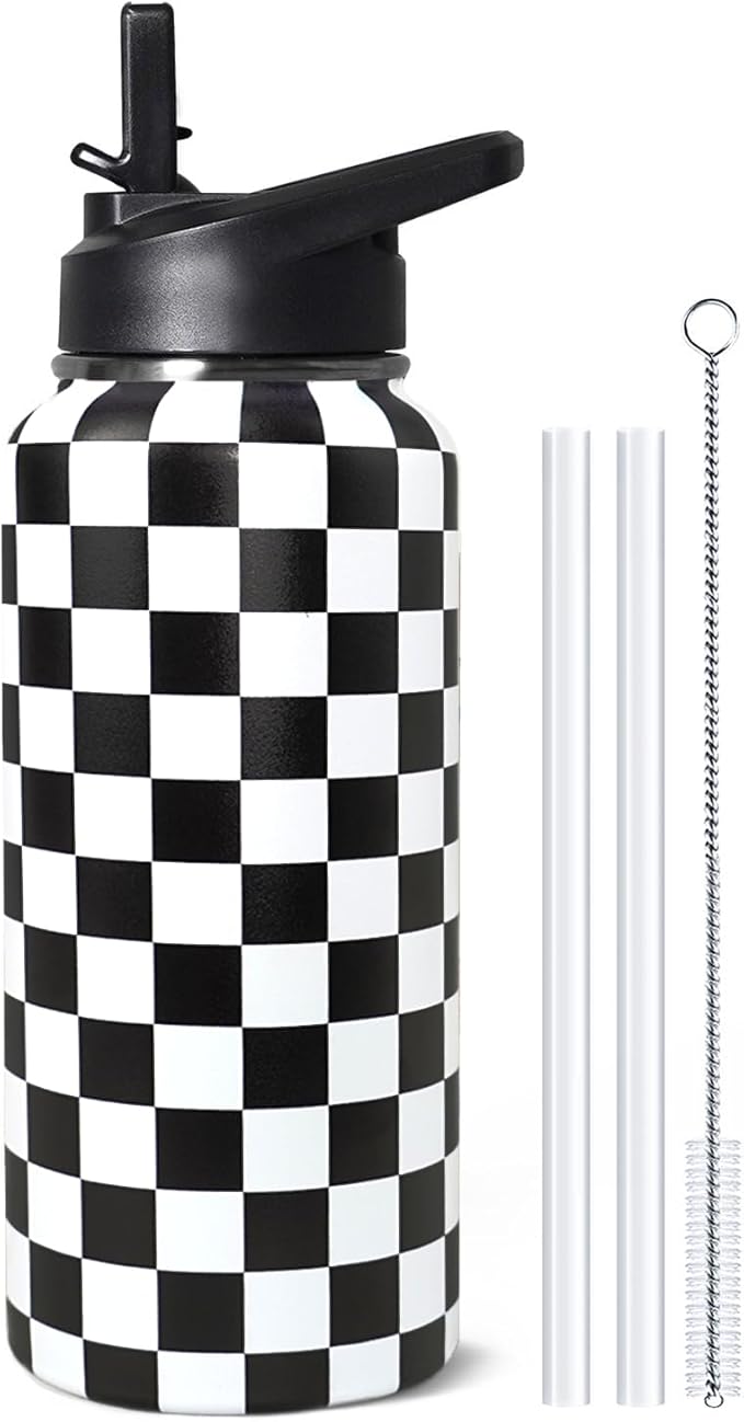 32oz Checkered Stainless Insulated Aater Water Bottle with Straw,Checkered Gym Hiking Sports Coffee Mug Cup Water Bottles,Checkered Gifts for Women,Checkered Decor Stuff Accessories