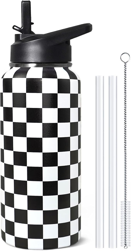 32oz Checkered Stainless Insulated Aater Water Bottle with Straw,Checkered Gym Hiking Sports Coffee Mug Cup Water Bottles,Checkered Gifts for Women,Checkered Decor Stuff Accessories