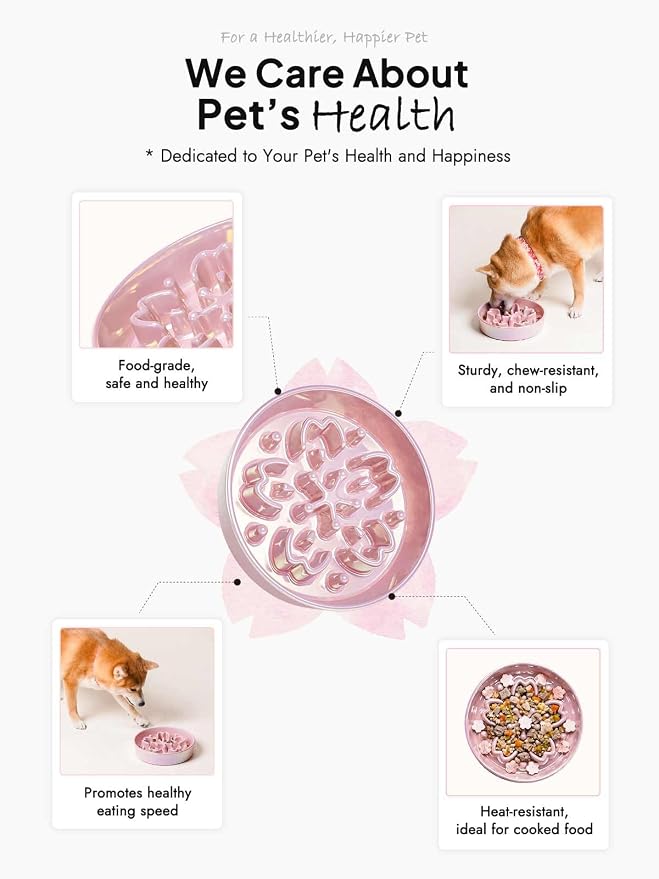 LE TAUCI Dog Bowls Slow Feeder Ceramic, 1.5 Cup Slow Feeding Bowl for Small and Medium Breed, Puzzle Dog Food Bowl for Fast Eater,Sakura Pink
