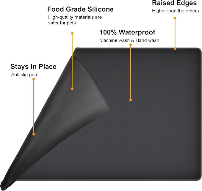 Mofason Pet Food Mat Waterproof Dog Mat 24”x16” Large – 0.5” inch Raised Edge,Cat Silicone Feeding Placemat Water Bowl Tray for Floors, Nonslip Washable Dog Mat for Food and Water