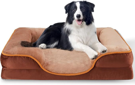 FluffyDream 35 inch Memory Egg-Crate Foam Dog Bed, Orthopedic Pet Couch Bed with Washable Removable Cover, Brown