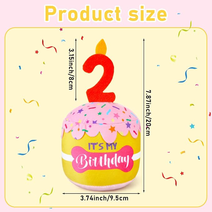 Dansydaisy Dog Birthday Cake Toy Squeaky Plush Toy for Girl Boy Gifts, Chew Accessories for Dog Birthday Party Decor Favor for Large, Medium and Small Dogs(2nd,Pink and Yellow)