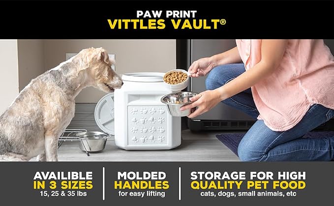 Vittles Vault Pawprint Pet Food Storage Container For Dog Food, Kibbles/Bird Seed/Oatmeal/Rice/Flour/Cereal, BPA Free, Plastic, Sealed Airtight For Cat Food, Up To 25 lb, Made in USA, With Scoop, Gray