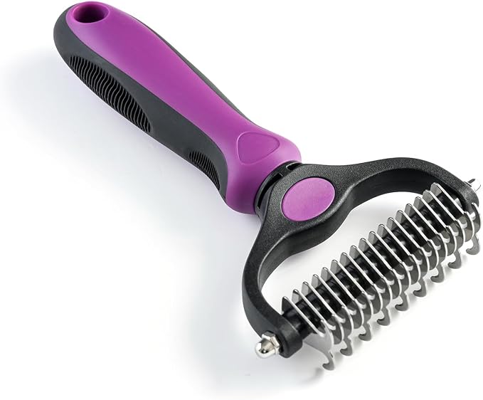 Grooming Rake for Dogs & Cats, Double-Sided Deshedding Brush, Extra-Wide Dematting Tool, Slicker Comb for Undercoat & Loose Hair Removal, Reduces Shedding by 95%, Purple, Large