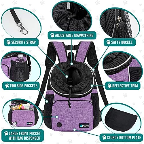 PetAmi Adjustable Cat & Dog Chest Carrier Backpack, Ventilated for Hiking & Camping, Max 15 lbs, Purple