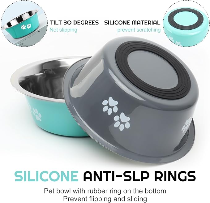 Stainless Steel Dog Bowls 2 Pack Large Extra Large Dogs Feeding Food Water Bowl with Non-Slip Silicone Sole, Dog Dishes Elevated Raised Pet Feeder(Green+Grey, XL(8.5 Cups)