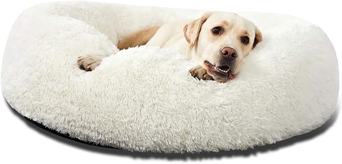 HACHIKITTY Calming Donut Cuddler Dog Bed, Round Fluffy Pet Bed for Large Dogs,Washable, Large, White, 30''