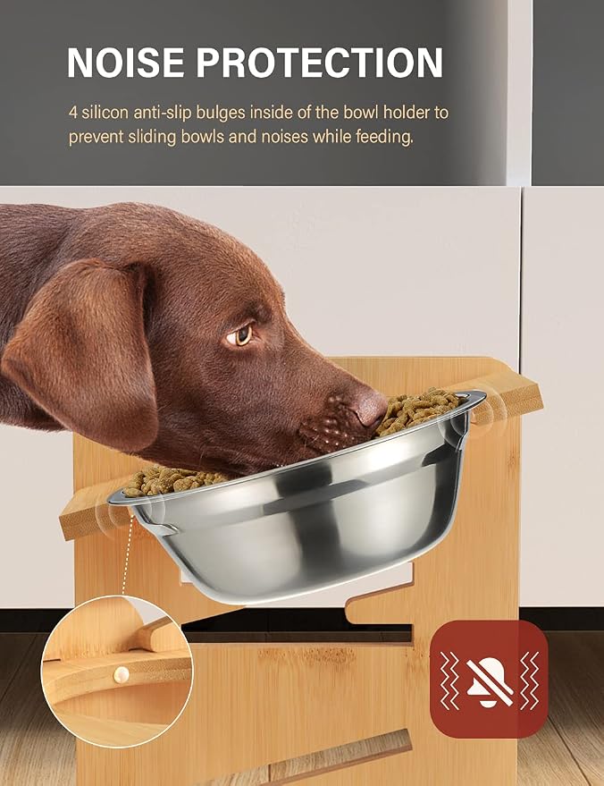 Elevated Dog Bowls, Raised Dog Bowl Stand Adjustable Medium, Natural | Bamboo Elevated Feeder with 2 Stainless Steel Bowls, Adjustable Height Stand for Medium Dogs