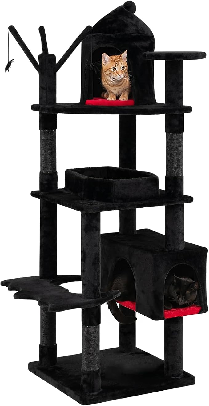 70-inch Gothic Cat Tree, Multi-Level Black Cat Tower | | Robust Scratching Posts | Coffin Bed | Castle-Shaped Comfy Cat Condo | Dual-Entry Condo | Spider-Shaped Hanging Toys |