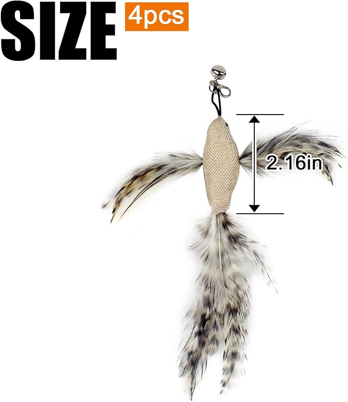 TTcat 4 Pack Linen Bird Cat Wand Refills, Natural Feather Detachable Replacement Toy Heads with Bell, Universal Lobster Clip-on Cat Teaser Attachments, Indoor Kitten Hunting Boredom Relief Prey Toy.