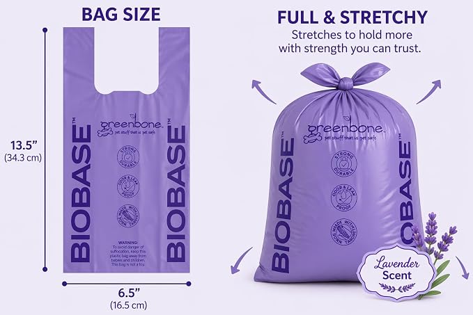 Greenbone Poop Bags for Dogs with Handles Lavender Scent Purple with Bonus Rope Pet Toy, 200 Count on Single Roll, Plant Based