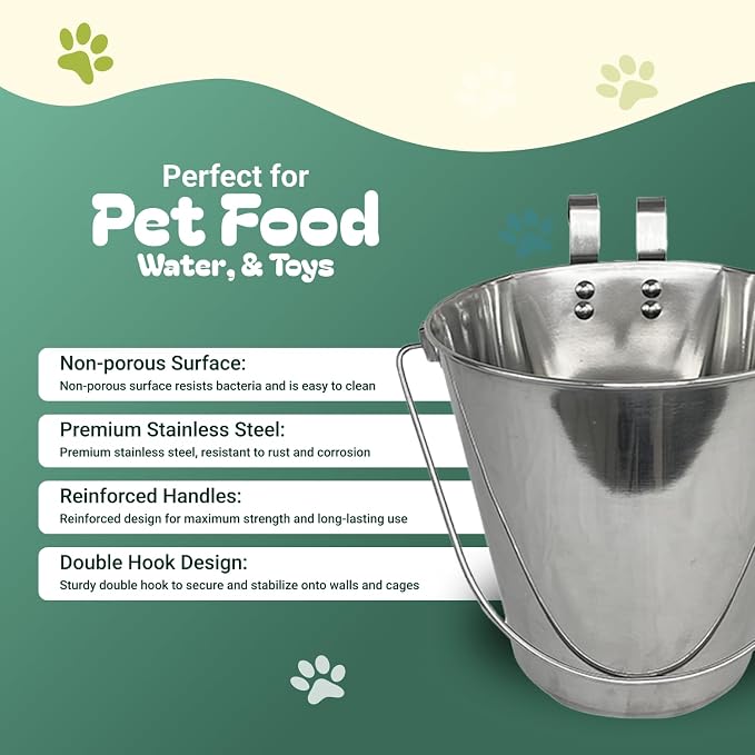 Advance Pet Products 4 Quart Stainless Steel Bucket with Dual Hook | Perfectly Fits on Kennels, Cages and Critter Crates | Heavy Duty Bucket for Pets Cleaning & Food Prep - Flat Sided Pail