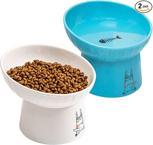 6.5 Inch Wide Ceramic Raised Cat Bowls, Tilted Elevated Cat Food Bowl Set | Prevent Neck, Whisker Fatigue, Anti Vomit, for Elder Big Cats & Small Dogs, Dishwasher and Microwave Safe, 2 Pack
