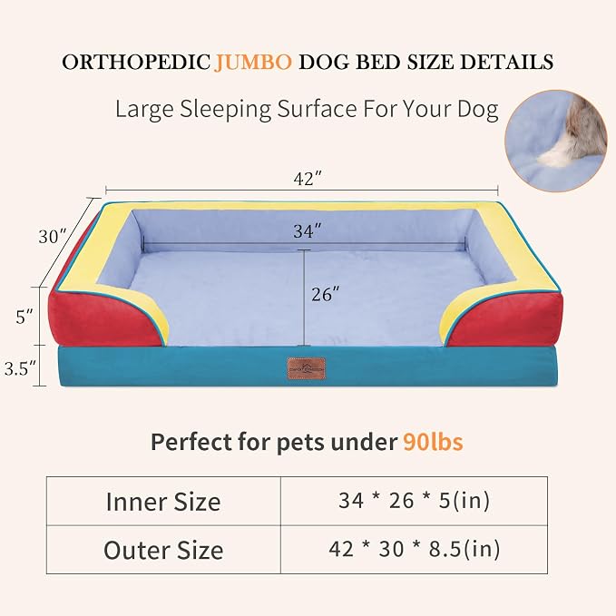 Comfort Expression Orthopedic Dog Bed for Extra Large Dogs with Bolster | Waterproof Dog Couch Bed with Washable Cover & Non-Slip Bottom, Supportive Egg Crate Foam XL Pet Bed, 42x30 Inch