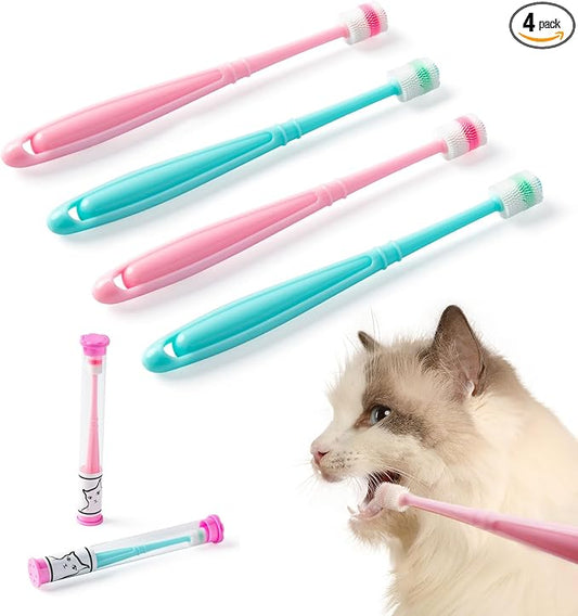 E.M&S.T by Emmeliestella Small Dog & Cat Toothbrush 360 Degree Soft Silicone, Cat Dental Care, Toothbrush Holder, Easy to Handle, Independent Packaging, Suction Cup, Light Blue&Pink (4-Pack Refills)