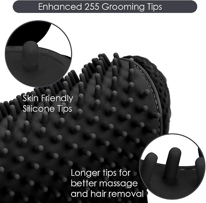 Pet Hair Removal Glove with 255 Silicone Tips for Dogs & Cats, 1 Pair Black | 2-in-1 Deshedding & Massage Mitt, 5-Finger Flexible Design, for Bathing & Grooming, Safe for Long/Short/Curly Hair Pets