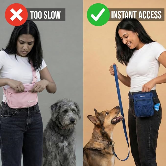Dog Treat Pouch for Training – Magnetic Dog Treat Bag with Belt Clip & Poop Bag Dispenser – Hands Free Carry Pouch with Auto-Close Access & Shoulder Strap – Durable Pet Gear – Navy Blue