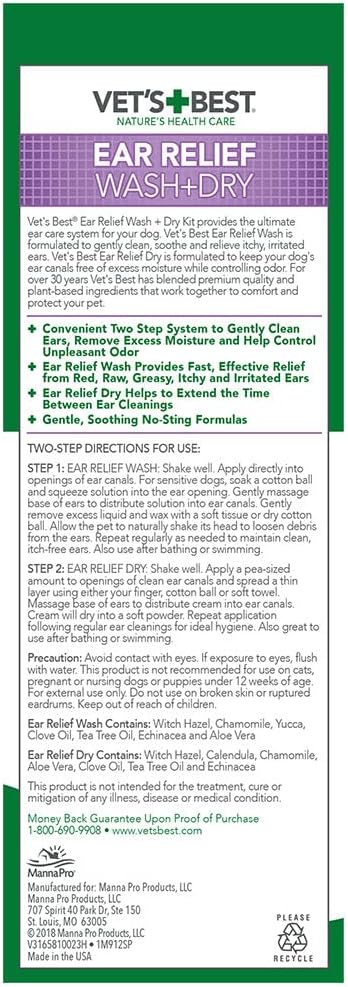 Vet's Best Dog Ear Cleaner Kit - Multi-Symptom Ear Relief - Wash & Dry Treatment - Alcohol-free | Ear Cleaning Kit, Wash & Dry Formula, Alcohol-Free Ear Care, Helps Remove Wax, Debris & Control Odors
