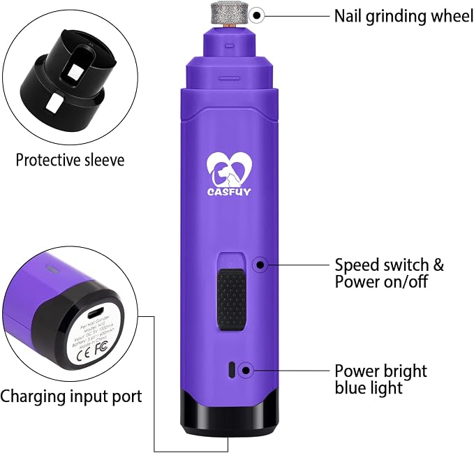 Casfuy Dog Nail Grinder Upgraded - Professional 2-Speed Whisper-Quiet Electric Pet Nail Trimmer Painless Paws Grooming & Smoothing for Small Medium Large Dogs & Cats (Purple)