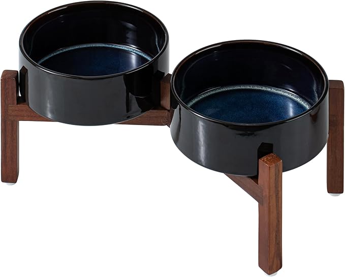 Havniva 7.3" Elevated Dog Bowls Ceramic Raised Dog Bowl with Non-Slip Stand (Acacia Wood) Weighted Dog Food & Water Bowl for Medium Breed Dogs - 5 Cups 41 oz