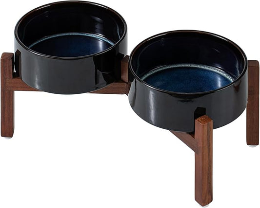 Havniva 7.3" Elevated Dog Bowls Ceramic Raised Dog Bowl with Non-Slip Stand (Acacia Wood) Weighted Dog Food & Water Bowl for Medium Breed Dogs - 5 Cups 41 oz