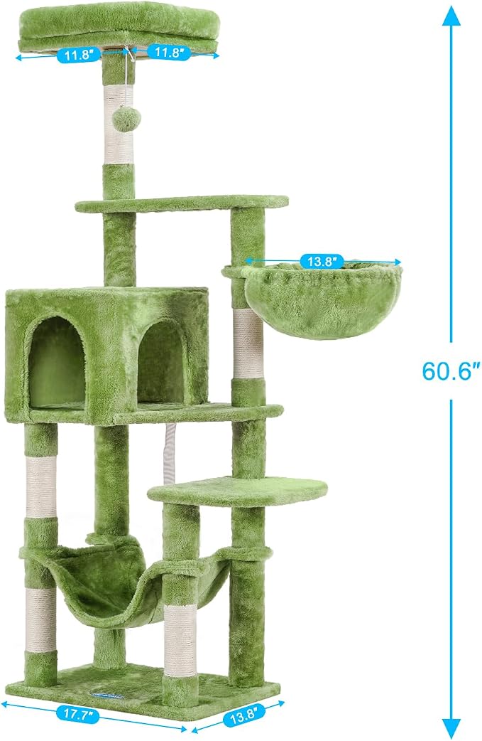 Hey-brother Cat Tree, Multi-Level Sisal Covered Scratching Posts, MPJ050GR | 60.6 Inches Tower with Condo, Large Hammock, Top Perch, Toy Ball for Indoor Multi-Cats Households, Green