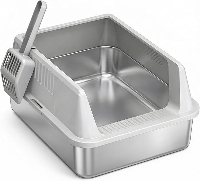 Lifewit Small Stainless Steel Cat Litter Box, Metal Kitty Litter Tray with Non-Slip Pads, Anti-Leakage Top Entry and High Sided, Grey