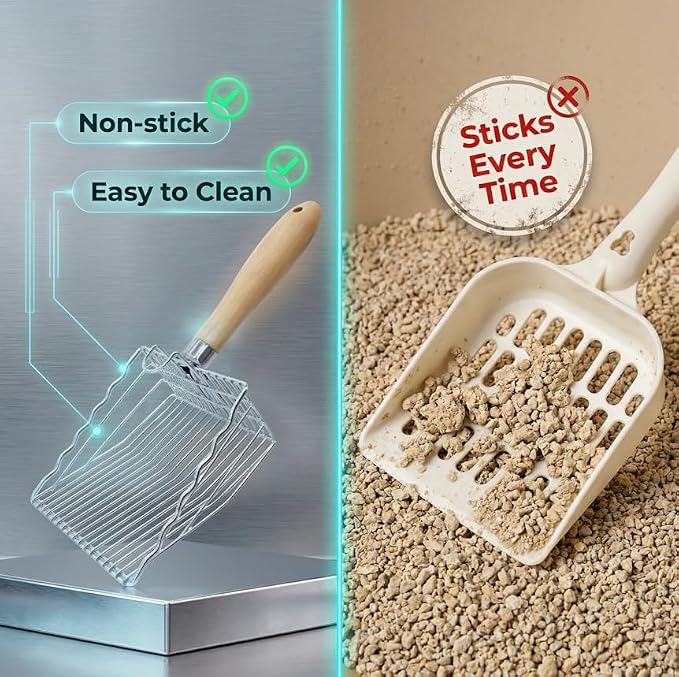 2 Pack Metal Cat Litter Scoops, Heavy-Duty Kitty Scooper with Hook, Stainless Steel Kitten Poop Lifter for Litter Box, Speed Sifter with Comfortable Beech Wood Grip | 2 Pack Metal Cat Litter Scoops