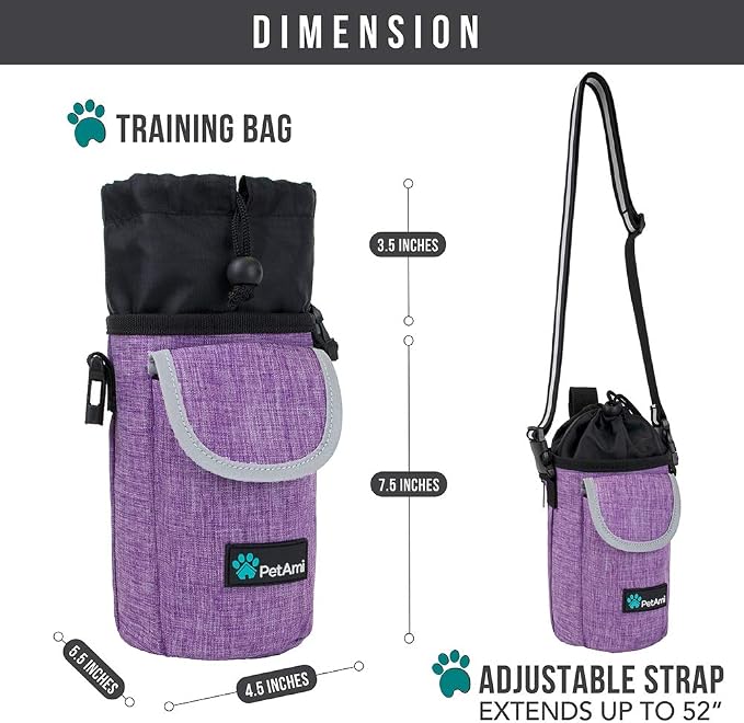PetAmi Dog Treat Pouch, Large Hands-Free Training Bag, Purple | Built-In Poop Bag Dispenser, Holds 3 Cups Of Treats, 4 Ways to Wear, D-Ring, Reflective Strap, Dog Treat Bag for Walking