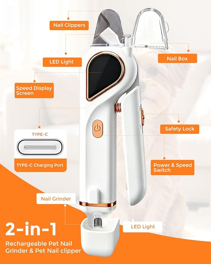 2-in-1 Cat Nail Clippers & Dog Grinder with Dual LED Lights (White) | 3 Speeds Nail Clippers, Quick Sensor, Safety Guard, Type-C Charging, Low Decibel Grinder for Small Medium Large Dogs & Cats