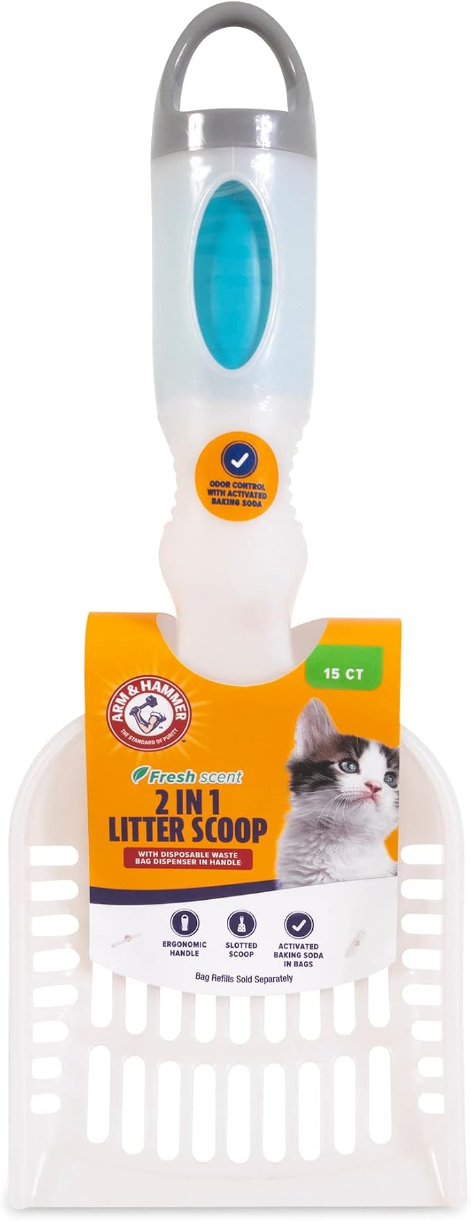 Arm & Hammer Deluxe 2-in-1 Cat Litter Scoop with Built In Waste Bag Dispenser, Comes with 12 Waste Bags, Colors May Vary