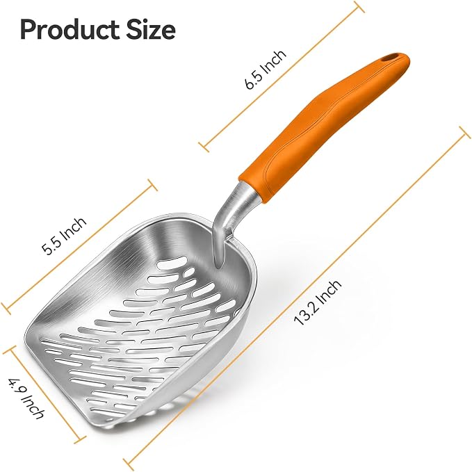 Cat Litter Scoop, Large Long Handle Kitty Metal Scooper, Heavy Duty Aluminum Deep Sifter, Ergonomic Non-Slip Grip, Rustproof Durable Poop Cleaner for Cat Litter Box