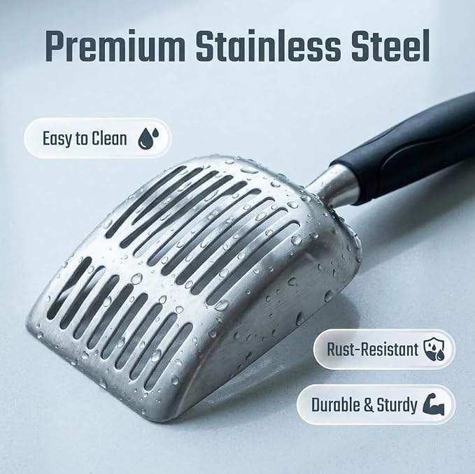 Full Metal Cat Litter Scoop with Holder, Stainless Steel Cat Litter Scooper Holder, Aluminum Kitty Scoop Captures All Clumps, Heavy Duty Kitty Metal Scooper with Non-Slip Handle